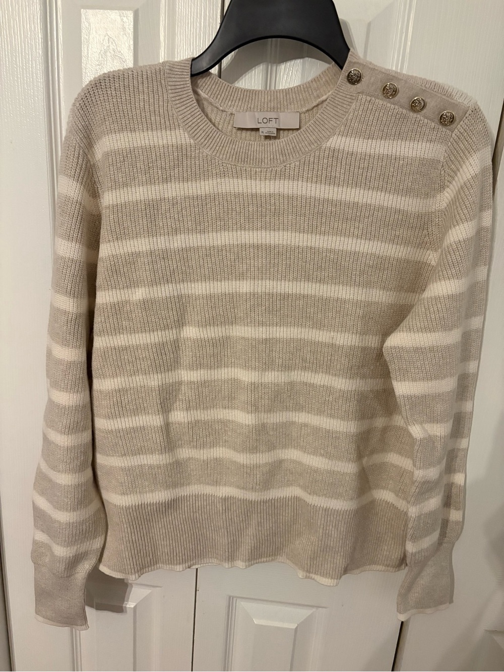 LOFT Beige and White Striped Button-Shoulder Crewneck Sweater
